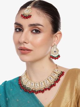 Estele - Gold Plated Admirable Gehena Necklace set & Maang Tikka with Ruby Beads for Women