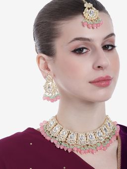 Estele - Gold Plated Admirable Gehena Necklace set & Maang Tikka with Mint Pink Beads for Women