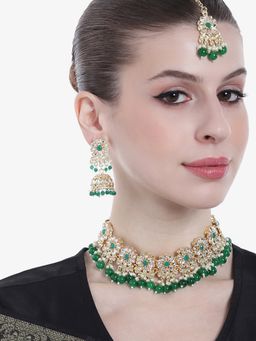 Estele - Gold Plated Marvelous Gehena Necklace Set & Maang Tikka with Green Beads for Women