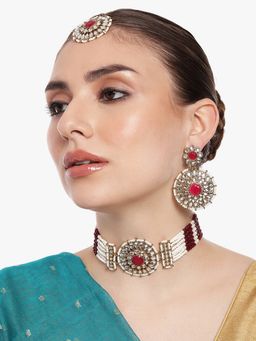 Estele - Gold-Plated Captivating Gehena Necklace Set & Maang Tikka with Red Beads for Women