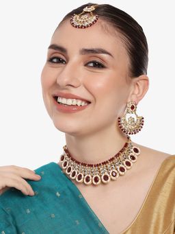 Estele - Gold Plated Dazzling Gehena Necklace Set & Maang Tikka with Red Stones for Women