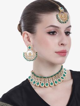 Estele - Gold Plated Dazzling Gehena Necklace Set & Maang Tikka with Green Stones for Women
