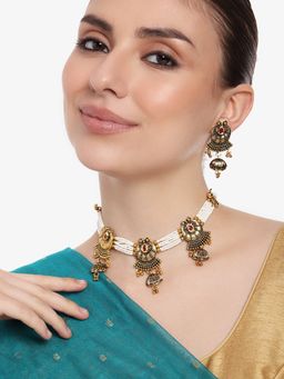 Estele - Gold Plated Conventional Antique Gehena Choker Necklace Set with Pearls for Women