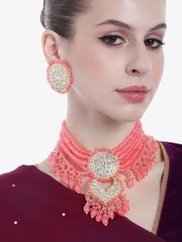 Estele - Gold Plated Enchanting Gehena Necklace set with Mint Pink Beads for Women