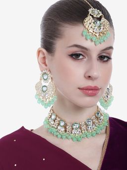 Estele - Gold Plated Stylish Gehena Necklace Set & Maang Tikka with Mint Green Beads for Women