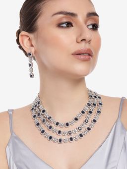 Estele - Rhodium Plated Cz Astonishing Three Layered Necklace Set With Blue Crystals