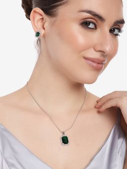 Estele - Rhodium Plated Cz Square Designer Pendant Set With Emerald Stone