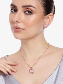 Estele - Rose Gold Plated Cz Attractive Square Pendant Set With Mint Pink Stones