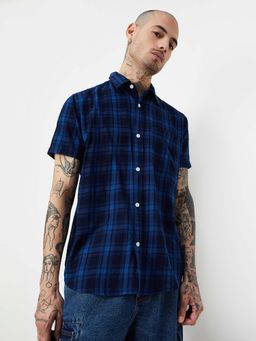 max - Navy Blue Men Regular Fit Checked Shirt