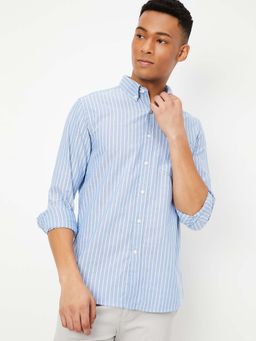 max - Light Blue and White Men Striped Slim Fit Shirt