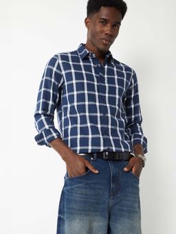 max - Navy Blue Men Checked Slim Fit Shirt