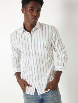 max - White and Teal Men Striped Slim Fit Shirt