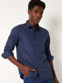 max - Navy Blue Men Printed Slim Fit Shirt