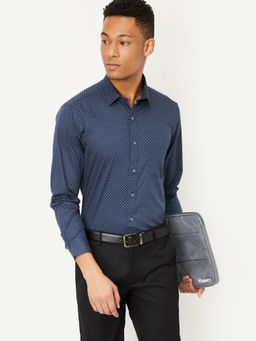 max - Navy Blue Men Printed Slim Fit Shirt