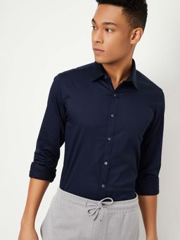 max - Navy Blue Men Solid Satin Slim Fit Shirt