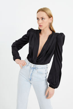 Sateen - Solid Black Plunging Neckline Top