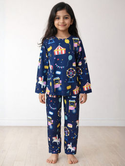 ANTHRILO - Girls Carnival Circus Long Sleeves T-Shirt Pyjama - Navy Blue (Set of 2)