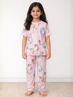 ANTHRILO - Pink Printed Comfortable Fit T-Shirt and Pyajama (Set of 2)