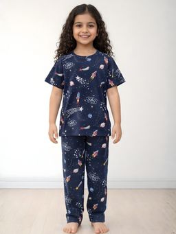 ANTHRILO - Navy Blue Printed Comfortable Fit T-Shirt and Pyajama (Set of 2)