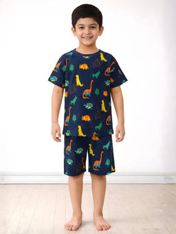 ANTHRILO - Navy Blue Dinosaur Fun Sleepwear T-Shirt with Shorts
