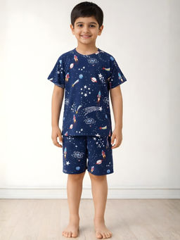 ANTHRILO - Navy Blue Solar System Dream Sleepwear T-Shirt with Shorts