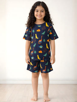 ANTHRILO - Navy Blue Dinosaur Fun Sleepwear T-Shirt with Shorts