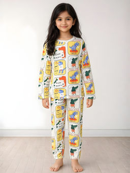 ANTHRILO - Dinosaur Stamp Girl's Long Sleeve Pyjama Set - White