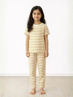 ANTHRILO - Girls Cotton Stripe Short Sleeve Comfort Fit Pyjama With T-Shirt - Beige