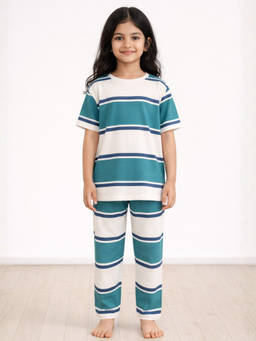 ANTHRILO - Boys Cotton Stripe Short Sleeve Comfort Fit Pyjama With T-Shirt - Teal