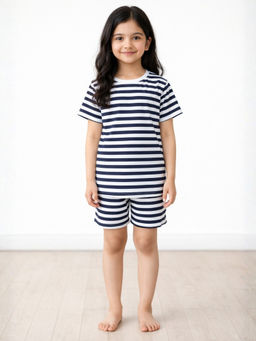 ANTHRILO - Navy Blue Stripe Girls Sleepwear T-shirt and Shorts
