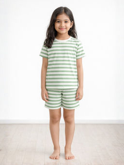ANTHRILO - Green Stripe Girls Sleepwear T-shirt and Shorts