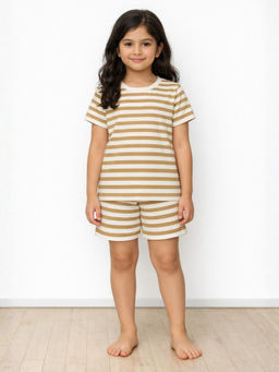 ANTHRILO - Beige Stripe Girls Sleepwear T-shirt and Shorts