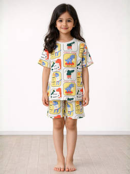 ANTHRILO - Multi-Color Dinosaur Stamp Girls Sleepwear T-shirt and Shorts