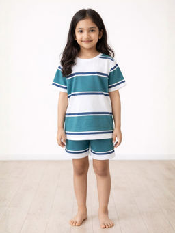 ANTHRILO - Green White Girls Stripes Sleepwear T-shirt and Shorts