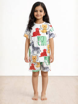 ANTHRILO - Girls White Printed T-Shirt & Short