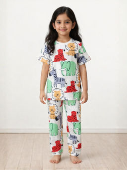 ANTHRILO - Girls White Printed T-Shirt & Pyjama
