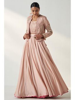 "Two Sisters" by Gyans - Pink Banarasi Embroidered Full Sleeves Skirt with Blouse and Bustier