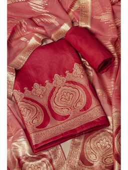 "Two Sisters" by Gyans - Red Banarasi Silk Woven Unstitched Kurta with Bottom and Dupatta