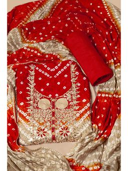 "Two Sisters" by Gyans - Red Silk Embroidered Unstitched Kurta with Bottom and Dupatta