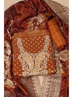 "Two Sisters" by Gyans - Rust Silk Embroidered Unstitched Kurta with Bottom and Dupatta