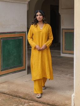 Naav - Naaz-Dola Silk Tonal Embroidery Ochre A-Line Design Kurta with Pant