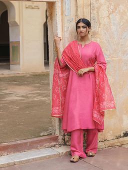 Naav - Anaar-Dola Silk Lace Pink A-Line Design Kurta with Pant & Dupatta