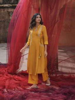 Naav - Saba-Yellow Tissue Zari Tassels A-Line Design Kurta with Inner & Pant