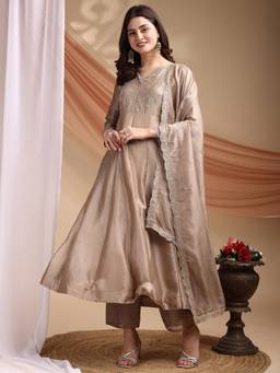 Gahan - Beige Embroidered Anarkali Kurta With Pant And Dupatta