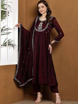 Gahan - Wine Embroidered Anarkali Kurta With Pant And Dupatta