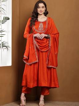Gahan - Orange Embroidered Anarkali Kurta With Pant And Dupatta