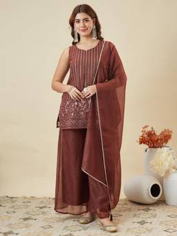 Gahan - Embroidered Kurta and Palazzo With Dupatta - Brown