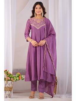 Gahan - Embroidered Anarkali Kurta With Pant And Dupatta - Purple