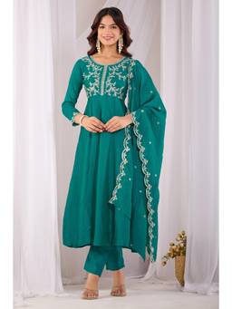 Gahan - Embroidered Anarkali Kurta With Pant And Dupatta - Teal