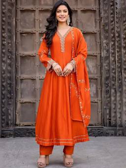 Gahan - Embroidered Anarkali Kurta and Pant With Dupatta - Orange